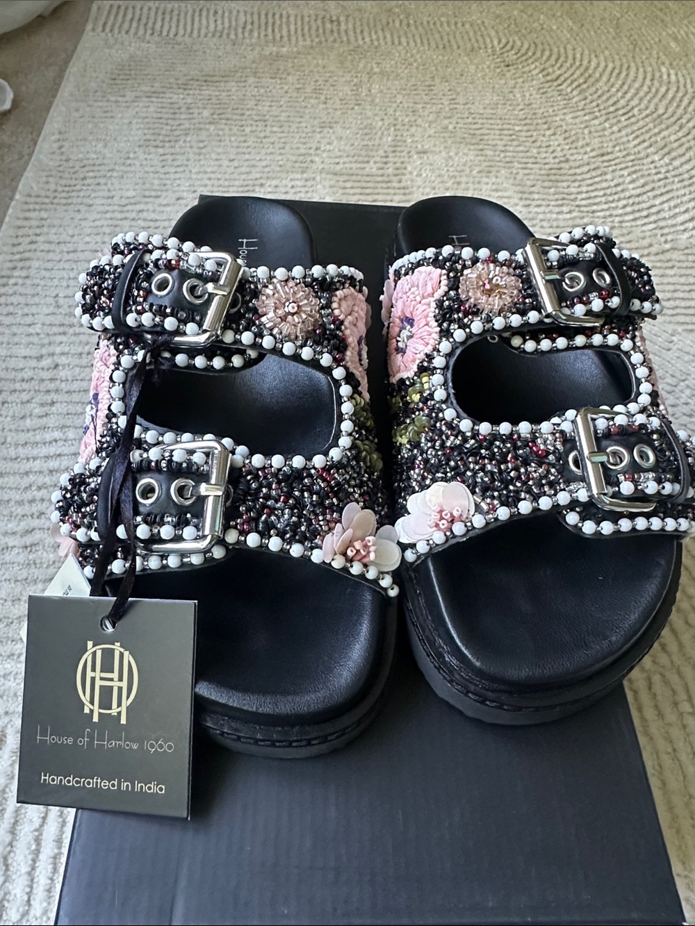 Viral House of Harlow 1960 beaded Black Sandals with Pink Floral Beading